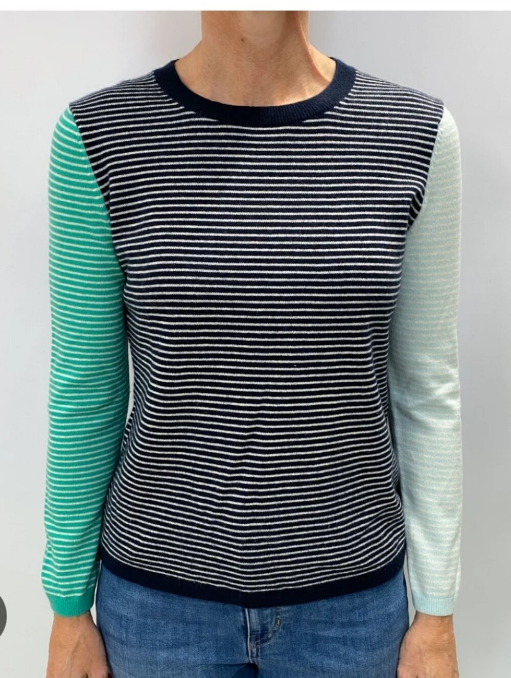 Striped Navy Cashmere Crew Neck Sweater with Mint and Aqua Sleeves LandsEnd 1X